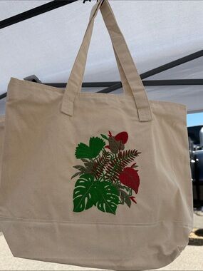 Canvas Tote Bag with Green & Red Botanical Embroidery